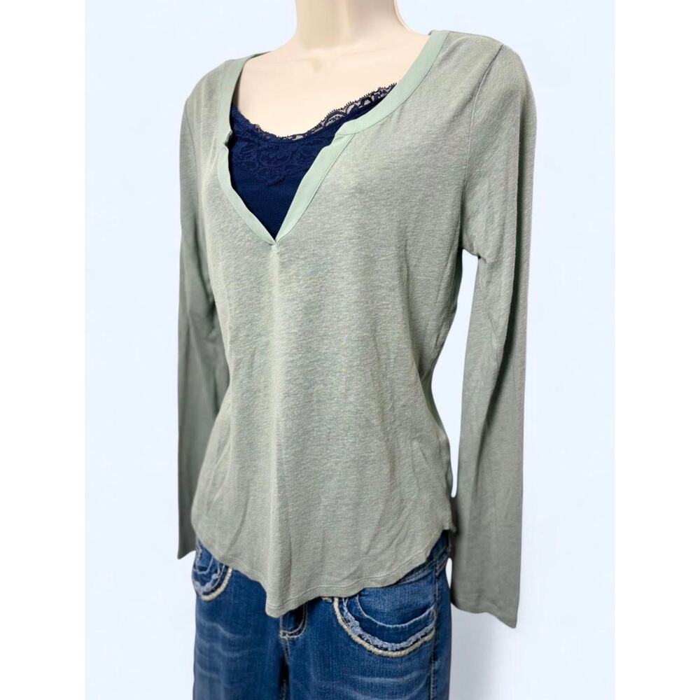 Abercrombie & Fitch Sage Green Long Sleeve Henley Top V Neck Semi Sheer Size M